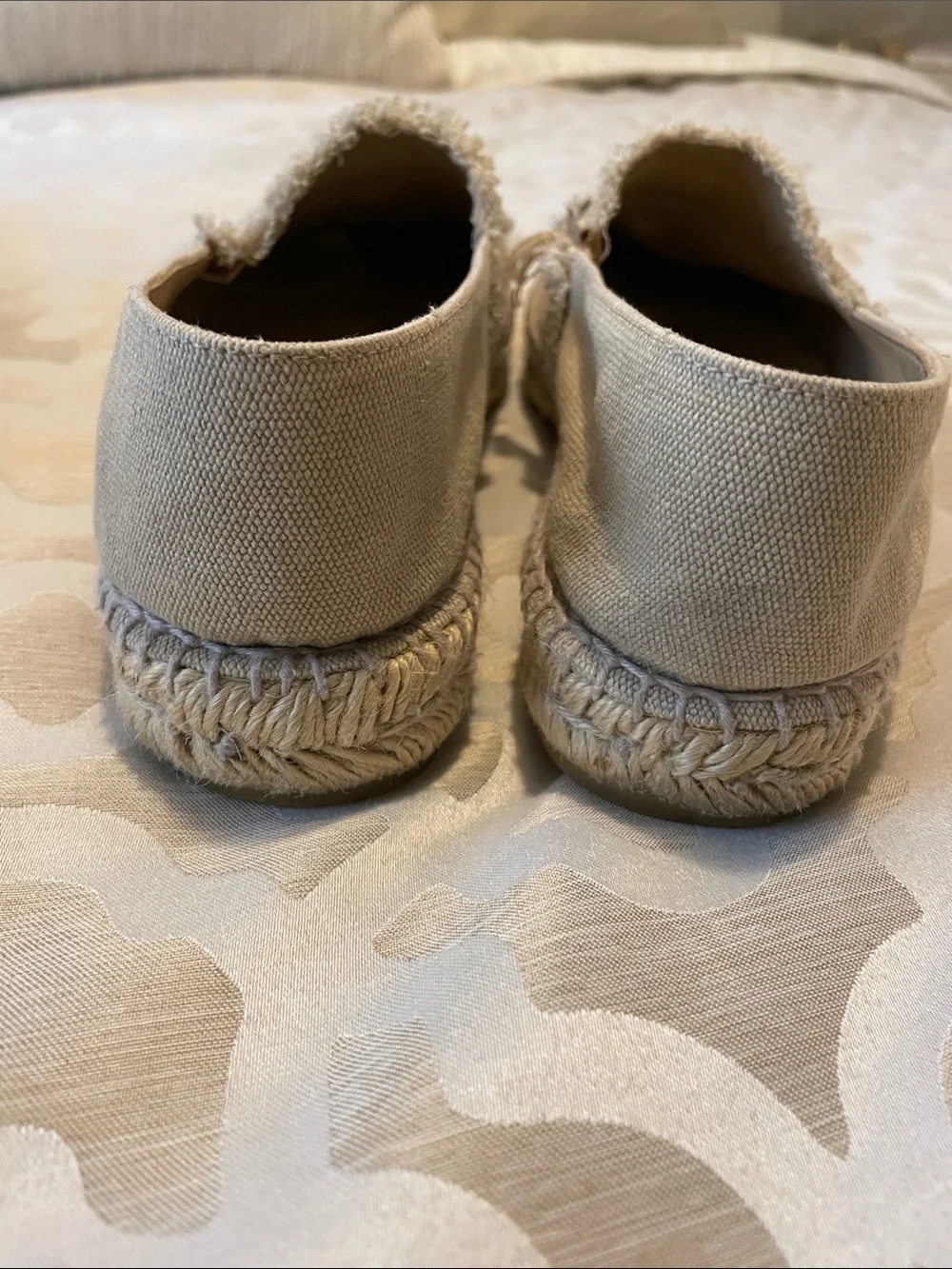 CHANEL Tan and Black Canvas Espadrille Flats AUTHENTIC